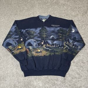 Vintage Art Unlimited All Over Print Camping Nature Henley Sweatshirt Size XL